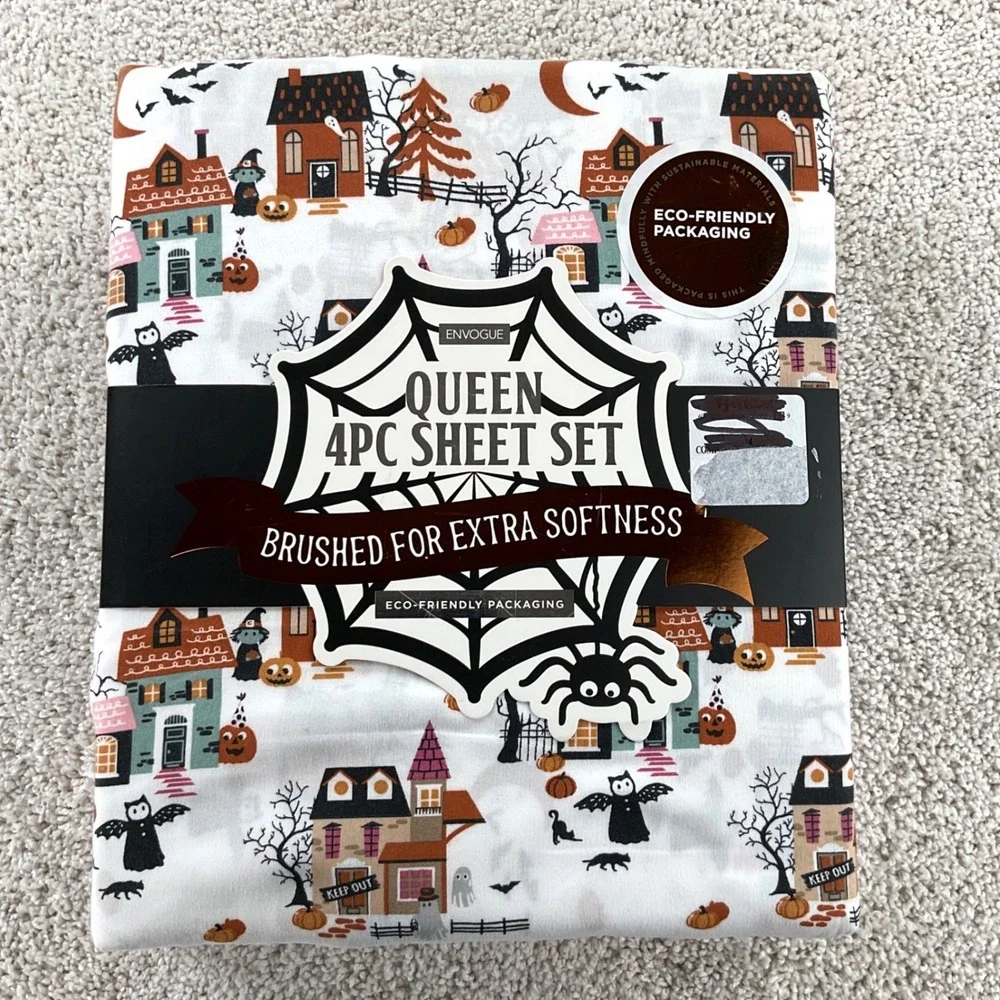 EnVogue Halloween Queen Sheet Set 4pc Haunted Village Ghost Witch Brushed Soft